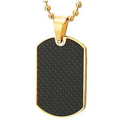 COOLSTEELANDBEYOND Stahl Gold Farbener Dog Tag Anhänger für Herren mit Kohlefaser und 60cm Kugelkette von COOLSTEELANDBEYOND