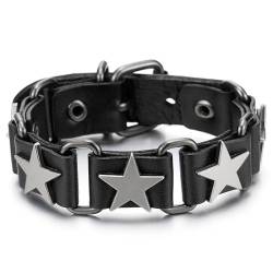 COOLSTEELANDBEYOND Stern und Leder Armband, Schwarze Leder Schweißband Armreif Armband, Herren, Rock Punk von COOLSTEELANDBEYOND