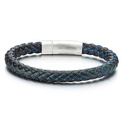 COOLSTEELANDBEYOND Top-Qualität Lederarmband, Herren Damen Armband Schwarz Leder Blau Baumwollfaden Geflochtenen, Armreif mit Edelstahl Rillen Charme Verschluss von COOLSTEELANDBEYOND