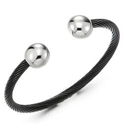 COOLSTEELANDBEYOND Verstellbare-Edelstahl Magnetische-Armband für Herren Damen Verdrehten Stahlkabel Armreif Silber Schwarz Poliert von COOLSTEELANDBEYOND