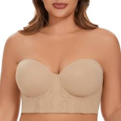 COOVOICE Frauen Longline Trägerloser BH Nahtloser Bustier BH Verstecken Zurück Fett, Dunkles Beige, 100B von COOVOICE