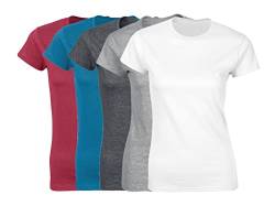 COOZO Damen 5er-Pack Kurzarm T-Shirts - Antike Kirsche/Antiker Saphir/Dunkles Heidegrau/Sportgrau/Weiss - XL von COOZO