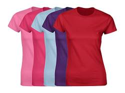 COOZO Damen 5er-Pack Kurzarm T-Shirts - Azalee/Heliconia/Hellblau/Lila/Rot - M von COOZO