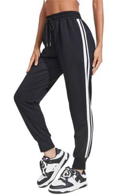 COOrun Damen Sporthose Jogginghose Frauen Trainingshose Streifen Sweatpants Sommerhose Stretch Bequeme Strandhose für Sport Yoga Tanz Jogging mit Taschen und 2 Streifen schwarz S von COOrun