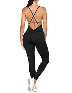 COOrun Damen Yoga Jumpsuit Rückenfrei Sport Strampler Playsuit Ärmellos Gym Bodysuit, 1-schwarz, S von COOrun