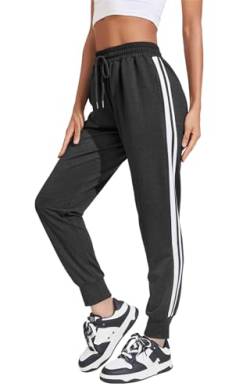 COOrun Jogginghose Damen Sporthose Lang Freizeithosen Frauen Jogger Trainingshose Sweathose Sweatpants mit Taschen und 2 Streifen dunkelgrau S von COOrun