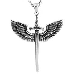 COPAUL Schmuck Edelstahl Gotik Retro Flügel Schwert Kruzifix Kreuz Herren-Anhänger mit 60CM Halskette,Schwarz Silber von COPAUL