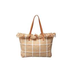 CORIOS Damen Canvas Handtasche Sommer Strand Tasche Große Schultertasche Böhmische Tote Beutel Bunte Gestrickte Tasche Casual Henkeltaschen für Reise Urlaub Strand Täglicher Gebrauch Khaki Karo von CORIOS