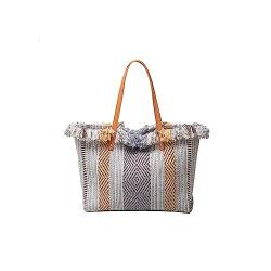 CORIOS Damen Canvas Handtasche Sommer Strand Tasche Große Schultertasche Böhmische Tote Beutel Bunte Gestrickte Tasche Casual Henkeltaschen für Reise Urlaub Strand Täglicher Grau und Khaki Gestreift von CORIOS