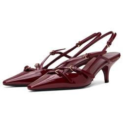 CORNMOOD Slingback Kitten Heels für Frauen Stiletto Heels Spitze Zehe mit Schnalle Riemen Absätze Sandalen Pumps Schuhe Sexy Striptease, Burgunderrot Niedrig, 40.5 EU von CORNMOOD