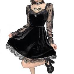 COSAUG Damen Spitze Langarm Kleid Schwarz Drapiert Bodycon Gothic Vintage Kleider Rave Outfit,Größe M von COSAUG