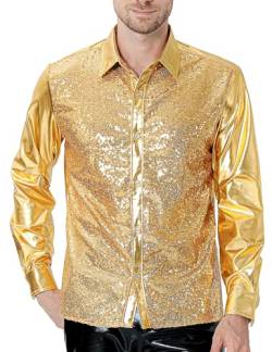COSAVOROCK Glitzer Hemd Herren 70er Jahre Disco Kostüm Glänzend Metallisch Bekleidung Gold XL von COSAVOROCK