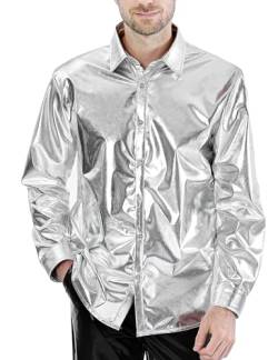 COSAVOROCK Glitzer Hemd Herren 70er Jahre Disco Kostüm Glänzend Metallisch Bekleidung Silber XL von COSAVOROCK