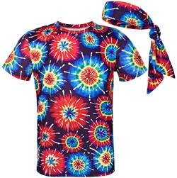 COSAVOROCK Herren 60er 70er Jahre Funky Psychedelic Hippie Kostüm T-Shirts mit Stirnbänder Mehrfarbig XXL von COSAVOROCK