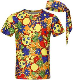 COSAVOROCK Herren 60er 70er Jahre Hippie Kostüm Hippy Retro Flower Power T-Shirt mit Stirnbänder L von COSAVOROCK