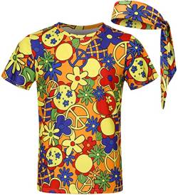 COSAVOROCK Herren 60er 70er Jahre Hippie Kostüm Hippy Retro Flower Power T-Shirt mit Stirnbänder M von COSAVOROCK