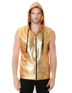 COSAVOROCK Herren 70er Jahre Disco Kostüm Metallic Hemd Pailletten Weste Hässliche Glänzend Bronzing Hoodie Gold XL von COSAVOROCK