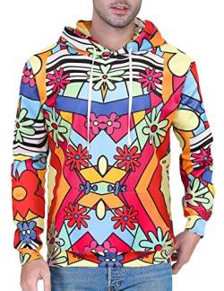 COSAVOROCK Kapuzenpullover Herren Damen 70er Jahre Hippie Kostüm Vintage Retro Hoodie Pullover Sweatshirt Floral XL von COSAVOROCK