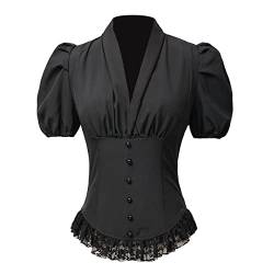 COSDREAMER Damen Viktorianisches Korsett Tops Shirts Gothic Steampunk Schnürbluse(Größe XL, Schwarz) von COSDREAMER