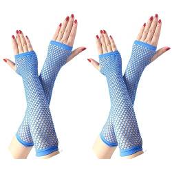 COSFAN 2 Paar Lange Netzhandschuhe, Damen Fingerlose Mesh Handschuhe, Mädchen Hohle Handschuhe für 80er Jahre Kostüm Tanz Party (Blau) von COSFAN