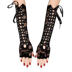 COSFAN Frauen Lace Up Handschuhe, Lange Ellenbogen Fingerlose Handschuhe, Kreuz Bandage, Punk Gothic Lolita Handschuhe, Hochzeit Braut Tanz Oper Party Kostüm (Schwarz) von COSFAN