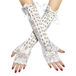 COSFAN Frauen Lace Up Handschuhe, Lange Ellenbogen Fingerlose Handschuhe, Kreuz Bandage, Punk Gothic Lolita Handschuhe, Hochzeit Braut Tanz Oper Party Kostüm (Weiß) von COSFAN