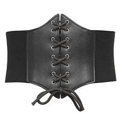 COSFAN Ladies Lace Up Taille Gürtel,Vintage breite Leder elastische Korsett Gürtel, schwarz gebunden Waspie Taille Gürtel, gebundene Waspie Gürtel für Halloween-Kostüm von COSFAN