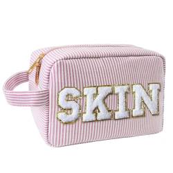 COSHAYSOO Preppy Letter Patch Cosmetic Makeup Bags for Women, Small Travel Pouch for Purse Puffy Chenille Waterproof Beach Toiletry Bag, Cute Trendy Make Up Birthday Christmas Gifts, Gestreifte Haut, von COSHAYSOO