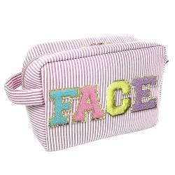 COSHAYSOO Preppy Letter Patch Cosmetic Makeup Bags for Women, Small Travel Pouch for Purse Puffy Chenille Waterproof Beach Toiletry Bag, Cute Trendy Make Up Birthday Christmas Gifts, Pink-FACE, Preppy von COSHAYSOO