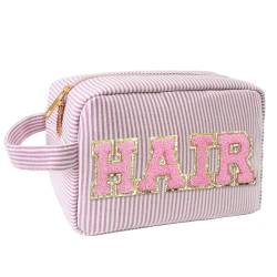 COSHAYSOO Preppy Letter Patch Cosmetic Makeup Bags for Women, Small Travel Pouch for Purse Puffy Chenille Waterproof Beach Toiletry Bag, Cute Trendy Make Up Birthday Christmas Gifts, Pink-Haar, Preppy von COSHAYSOO