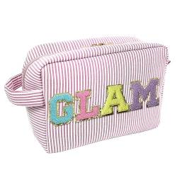 COSHAYSOO Preppy Letter Patch Cosmetic Makeup Bags for Women, Small Travel Pouch for Purse Puffy Chenille Waterproof Beach Toiletry Bag, Cute Trendy Make Up Birthday Christmas Gifts, Pink-glänzend, von COSHAYSOO