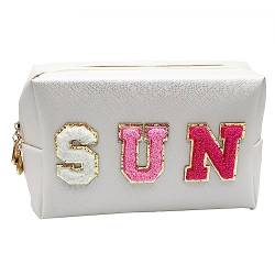 COSHAYSOO Preppy Letter Patch Cosmetic Makeup Bags for Women, Small Travel Pouch for Purse Puffy Chenille Waterproof Beach Toiletry Bag, Cute Trendy Make Up Birthday Christmas Gifts, Schale weiß-SUN von COSHAYSOO