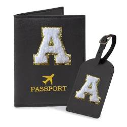 COSHAYSOO Schwarze Reisepasshülle und Initiale Gepäckanhänger, TSA-genehmigt, mit personalisiertem Monogramm, Chenille-Buchstabe, Patch für Frauen, Teenager, Mädchen, niedliche Reisetasche, von COSHAYSOO