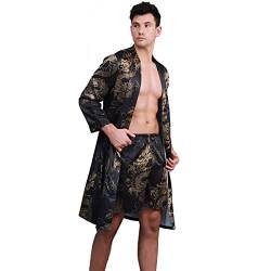 COSOSA Herren Satin Morgenmantel Leicht Bademäntel Kimono Robe Seiden Pyjama,(Black, 4XL) von COSOSA