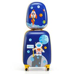 COSTWAY 2tlg Kinderkoffer + Rucksack, Kindertrolley aus Kunststoff, Kindergepäck, Kinder Kofferset Handgepäck Reisegepäck Hartschalenkoffer für Jungen und Mädchen (Astronauten, 12"+16") von COSTWAY