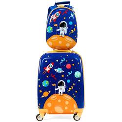 COSTWAY 2tlg Kinderkoffer + Rucksack, Kindertrolley aus Kunststoff, Kindergepäck, Kinder Kofferset Handgepäck Reisegepäck Hartschalenkoffer für Jungen und Mädchen (Astronauten, 12"+18") von COSTWAY