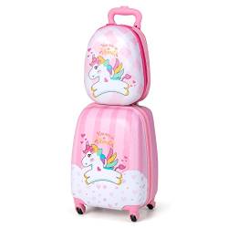 COSTWAY 2tlg Kinderkoffer + Rucksack, Kindertrolley aus Kunststoff, Kindergepäck, Kinder Kofferset Handgepäck Reisegepäck Hartschalenkoffer für Jungen und Mädchen (Pink Einhorn, 12"+16") von COSTWAY