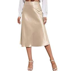 COTCLO Langer Rock Damen Chiffon Rock Damen Midi Rock Hohe Taille Einfarbig Satin Kleid Reißverschluss Damen Sommerröcke, khaki, 36 von COTCLO