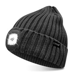 COTOP Mütze mit Licht, Led Strickmütze Herren Winter, Geschenke Männer Weihnachten, Warm Beanie mit Stirnlampen für Joggen, Wandern, Laufen, Radfahren von COTOP