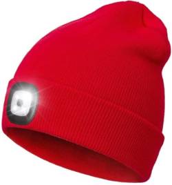 COTOP Mütze mit licht, Herren Wintermütze led, Weich Laufmütze Damen, Unisex Strickmütze für Angler, Geschenke Männer für Ski, Snowboard, Hut für Camping, Joggen(Rot) von COTOP