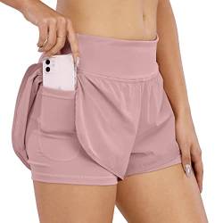 COTOP Sporthose Damen Kurz Sommer, Laufhose High Waist 2 in 1 mit Tasche, Elastisch Schnelltrocknende Running Shorts für Fitness Joggen Gym Training (Rosa 2XL) von COTOP