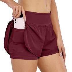 COTOP Sporthose Damen Kurz Sommer, Laufhose High Waist 2 in 1 mit Tasche, Elastisch Schnelltrocknende Running Shorts für Fitness Joggen Gym Training (Rot L) von COTOP