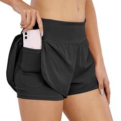 COTOP Sporthose Damen Kurz Sommer, Laufhose High Waist 2 in 1 mit Tasche, Elastisch Schnelltrocknende Running Shorts für Fitness Joggen Gym Training (Schwarz XL) von COTOP