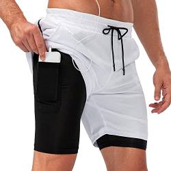 COTOP Sporthose Herren Kurz 2 in 1, Laufhose mit innenhose, Running Shorts Sommer mit Taschen, Atmungsaktive Sports Shorts für Fitness Joggen Gym (Weiß 3XL) von COTOP