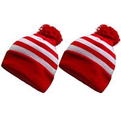 COUVER Beanie-Mütze mit oder ohne Bommel, für Kostüm oder Winter, Rot / Weiß, Rot/Weiß (gestreifte Pompons, 2 Stück), Einheitsgröße von COUVER