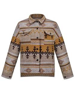 COWOKA Damen Vintage Aztekenmuster Lose Shacket Knopfleiste Langarm Wolljacke Shirts Mantel, khaki, Small von COWOKA