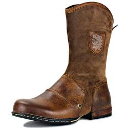 COWSDELLA Herren Stiefel aus Leder Rindsleder mit Cowboy Biker Motorrad Boots mit Reißverschluss Klassisch 10" Männer mit 0.98" Absatz CD-5008-1-H1-Brown-10-R von COWSDELLA