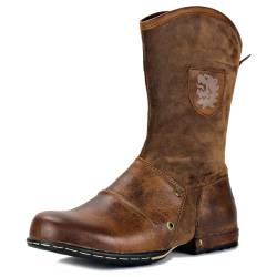 COWSDELLA Herren Stiefel aus Leder Rindsleder mit Cowboy Biker Motorrad Boots mit Reißverschluss Klassisch 10" Männer mit 0.98" Absatz CD-5008-1-H1-Brown-10.5-R von COWSDELLA