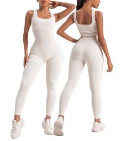 COZYCATS Nahtlose gerippte einteilige Overalls für Frauen Casual Workout Bodycon Jumpsuit Herbst Outfits, Beige, X-Large von COZYCATS