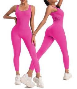 COZYCATS Nahtlose gerippte einteilige Overalls für Frauen Casual Workout Bodycon Jumpsuit Herbst Outfits, Rosenrot, Large von COZYCATS